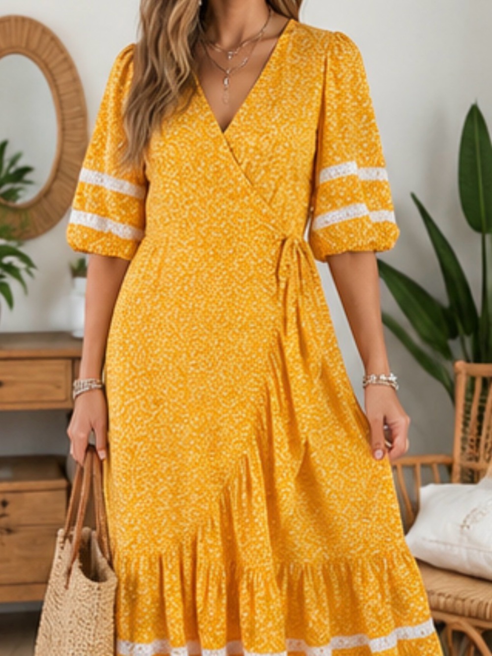 Olivia James The Label Yellow Floral Wrap Midi Dress Size M Puff Sleeves, NWT